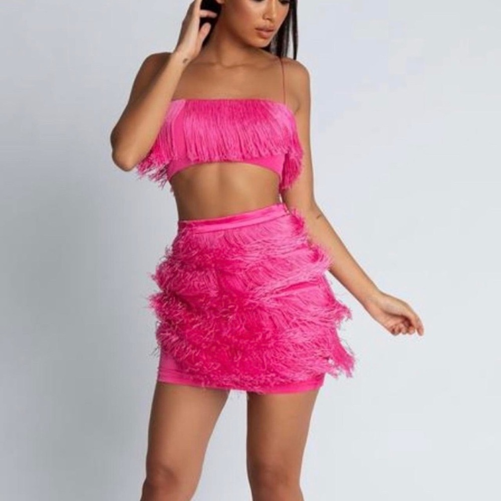 Meshki Hot Pink Fringe Skirt Set